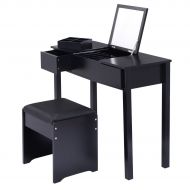Allblessings Black Vanity Dressing Mirrored Table Set Bedroom W/Stool &Storage Box Furniture