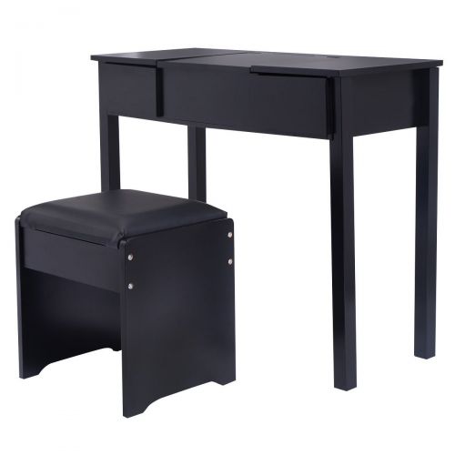  Allblessings Black Vanity Dressing Mirrored Table Set Bedroom W/Stool &Storage Box Furniture