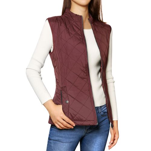  Allegra K Womens Zip Up Stand Collar Slant Pockets Quilted Padded Vest Blue (Size L  12)