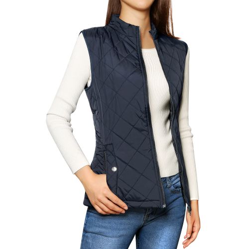  Allegra K Womens Zip Up Stand Collar Slant Pockets Quilted Padded Vest Blue (Size L  12)