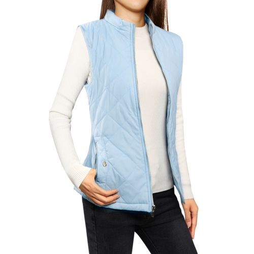  Allegra K Womens Zip Up Stand Collar Slant Pockets Quilted Padded Vest Blue (Size L  12)