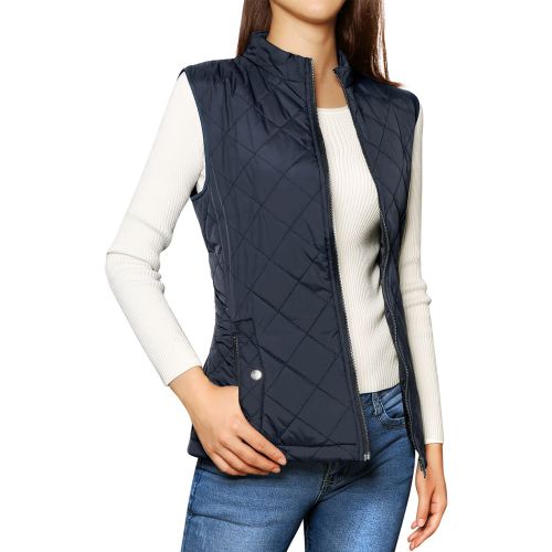  Allegra K Womens Zip Up Stand Collar Slant Pockets Quilted Padded Vest Blue (Size L  12)