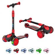 Allek F01 Folding Kick Scooter for Kids, 3 Wheel LED Flashing Glider Push Scooter with Height Adjustable and Foldable Handlebar, Dual Color Anti Slip Wide Deck for Boys Girls 3 12