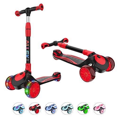  Allek F01 Folding Kick Scooter for Kids, 3 Wheel LED Flashing Glider Push Scooter with Height Adjustable and Foldable Handlebar, Dual Color Anti Slip Wide Deck for Boys Girls 3 12