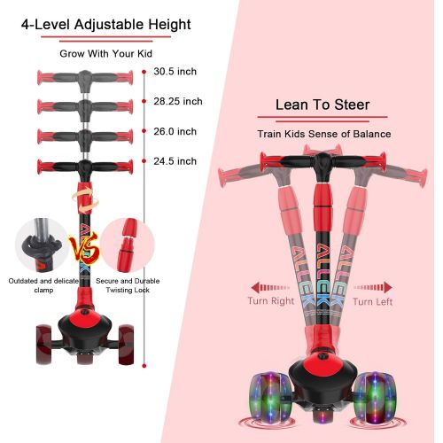  Allek F01 Folding Kick Scooter for Kids, 3 Wheel LED Flashing Glider Push Scooter with Height Adjustable and Foldable Handlebar, Dual Color Anti Slip Wide Deck for Boys Girls 3 12