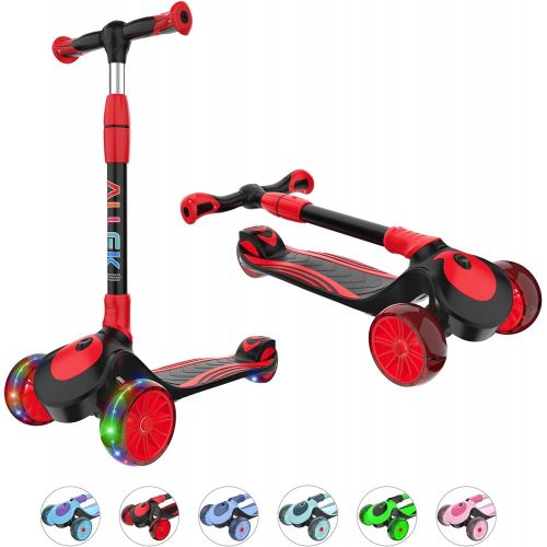  Allek F01 Folding Kick Scooter for Kids, 3 Wheel LED Flashing Glider Push Scooter with Height Adjustable and Foldable Handlebar, Dual Color Anti Slip Wide Deck for Boys Girls 3 12