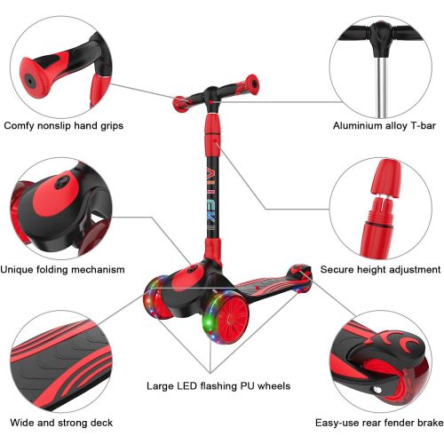  Allek F01 Folding Kick Scooter for Kids, 3 Wheel LED Flashing Glider Push Scooter with Height Adjustable and Foldable Handlebar, Dual Color Anti Slip Wide Deck for Boys Girls 3 12