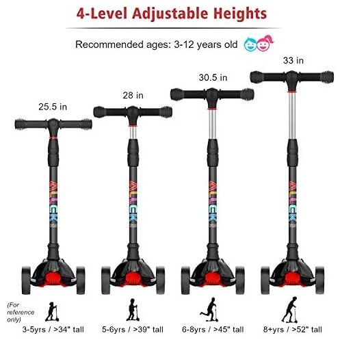  Allek Kick Scooter B02, Lean N Glide Scooter with Extra Wide PU Light-Up Wheels and 4 Adjustable Heights for Children from 3-12yrs (Black)