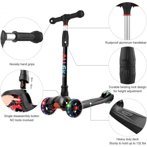  Allek Kick Scooter B02, Lean N Glide Scooter with Extra Wide PU Light-Up Wheels and 4 Adjustable Heights for Children from 3-12yrs (Black)