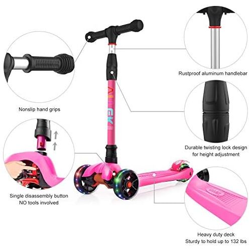  Allek Kick Scooter B02, Lean N Glide Scooter with Extra Wide PU Light-Up Wheels and 4 Adjustable Heights for Children from 3-12yrs (Rose Pink)