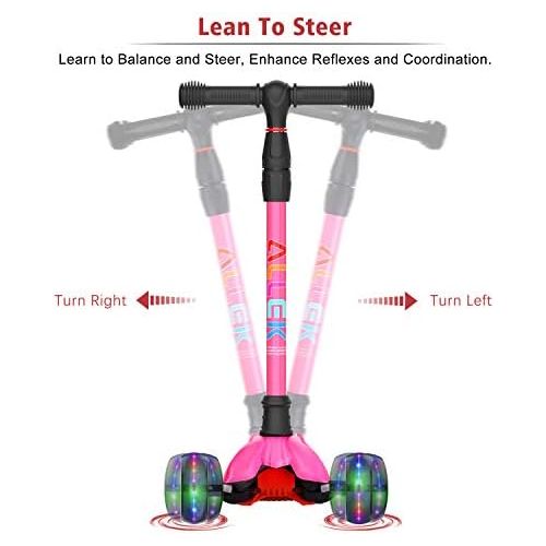  Allek Kick Scooter B02, Lean N Glide Scooter with Extra Wide PU Light-Up Wheels and 4 Adjustable Heights for Children from 3-12yrs (Rose Pink)