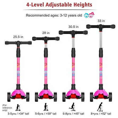  Allek Kick Scooter B02, Lean N Glide Scooter with Extra Wide PU Light-Up Wheels and 4 Adjustable Heights for Children from 3-12yrs (Rose Pink)