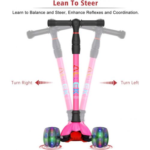  Allek Kick Scooter B02, Lean N Glide Scooter with Extra Wide PU Light-Up Wheels and 4 Adjustable Heights for Children from 3-12yrs (Rose Pink)