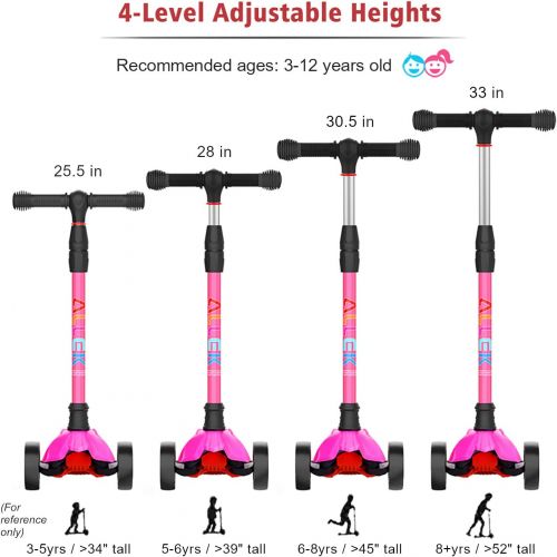  Allek Kick Scooter B02, Lean N Glide Scooter with Extra Wide PU Light-Up Wheels and 4 Adjustable Heights for Children from 3-12yrs (Rose Pink)