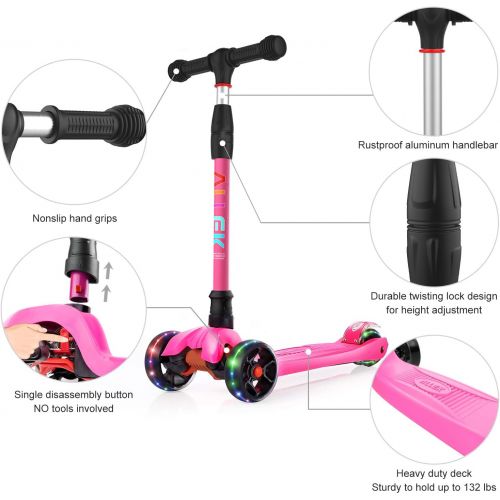  Allek Kick Scooter B02, Lean N Glide Scooter with Extra Wide PU Light-Up Wheels and 4 Adjustable Heights for Children from 3-12yrs (Rose Pink)