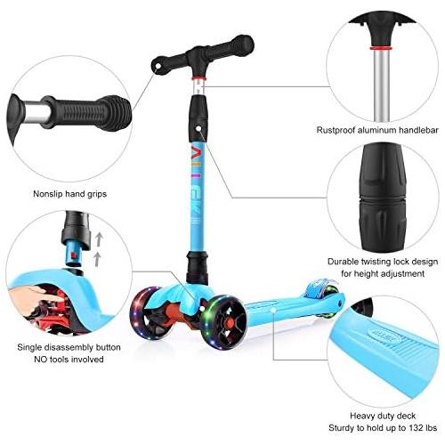  Allek Kick Scooter B02, Lean N Glide Scooter with Extra Wide PU Light-Up Wheels and 4 Adjustable Heights for Children from 3-12yrs (Aqua Blue)