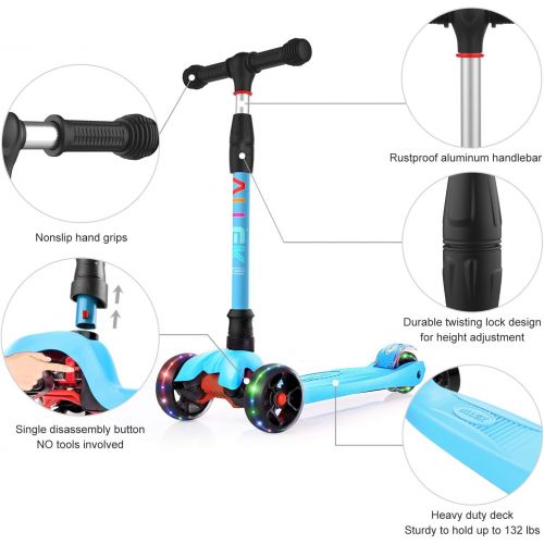  Allek Kick Scooter B02, Lean N Glide Scooter with Extra Wide PU Light-Up Wheels and 4 Adjustable Heights for Children from 3-12yrs (Aqua Blue)