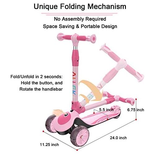  Allek F01 Folding Kick Scooter for Kids, 3-Wheel LED Flashing Glider Push Scooter with Height Adjustable and Foldable Handlebar, Dual Color Anti-Slip Wide Deck for Boys Girls 3-12