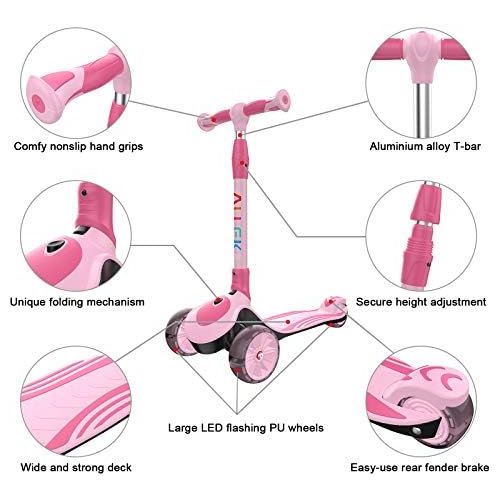  Allek F01 Folding Kick Scooter for Kids, 3-Wheel LED Flashing Glider Push Scooter with Height Adjustable and Foldable Handlebar, Dual Color Anti-Slip Wide Deck for Boys Girls 3-12