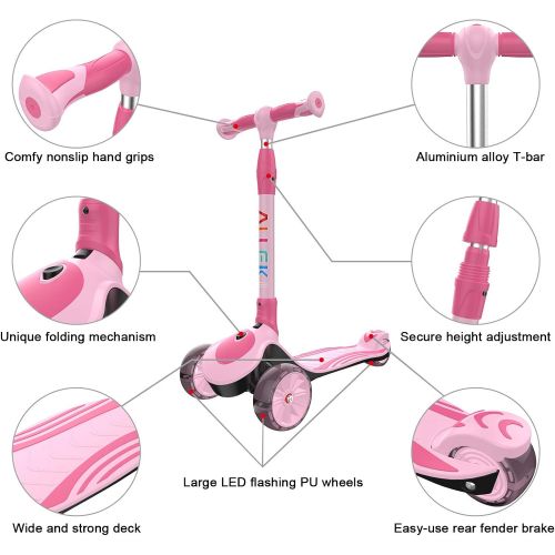  Allek F01 Folding Kick Scooter for Kids, 3-Wheel LED Flashing Glider Push Scooter with Height Adjustable and Foldable Handlebar, Dual Color Anti-Slip Wide Deck for Boys Girls 3-12