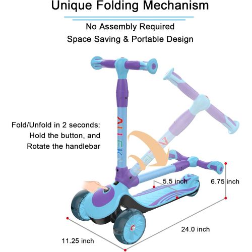  Allek F01 Folding Kick Scooter for Kids, 3-Wheel LED Flashing Glider Push Scooter with Height Adjustable and Foldable Handlebar, Dual Color Anti-Slip Wide Deck for Boys Girls 3-12