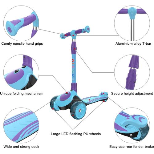  Allek F01 Folding Kick Scooter for Kids, 3-Wheel LED Flashing Glider Push Scooter with Height Adjustable and Foldable Handlebar, Dual Color Anti-Slip Wide Deck for Boys Girls 3-12