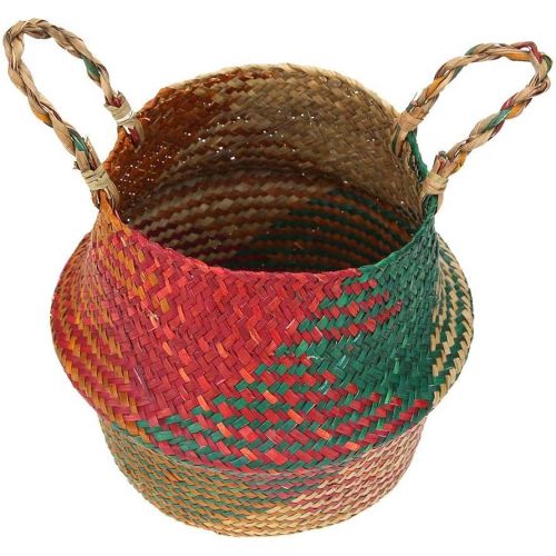  Alloyseed Woven Seagrass Belly Basket, Tassel Macrame Hand Woven Seagrass Belly Basket for Storage, Picnic, Plant Basin Cover, Groceries, Home Decor and Woven Straw Beach Bag (L, Multicolor)