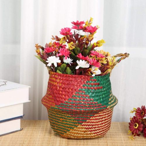  Alloyseed Woven Seagrass Belly Basket, Tassel Macrame Hand Woven Seagrass Belly Basket for Storage, Picnic, Plant Basin Cover, Groceries, Home Decor and Woven Straw Beach Bag (L, Multicolor)