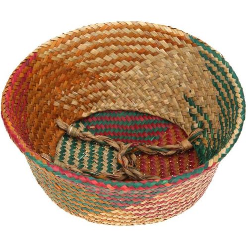  Alloyseed Woven Seagrass Belly Basket, Tassel Macrame Hand Woven Seagrass Belly Basket for Storage, Picnic, Plant Basin Cover, Groceries, Home Decor and Woven Straw Beach Bag (L, Multicolor)
