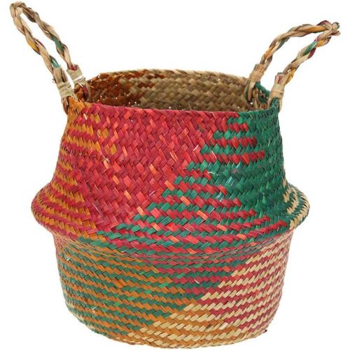  Alloyseed Woven Seagrass Belly Basket, Tassel Macrame Hand Woven Seagrass Belly Basket for Storage, Picnic, Plant Basin Cover, Groceries, Home Decor and Woven Straw Beach Bag (L, Multicolor)