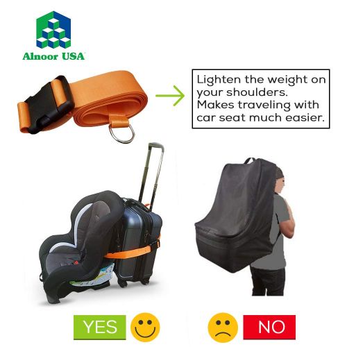  Alnoor USA Car Seat Travel Belt | Car Seat Travel Strap to Convert Your Car Seat and Carry-on Luggage into an Airport Car Seat Stroller & Carrier - Bright Orange and Heavy Duty - Includes Bon