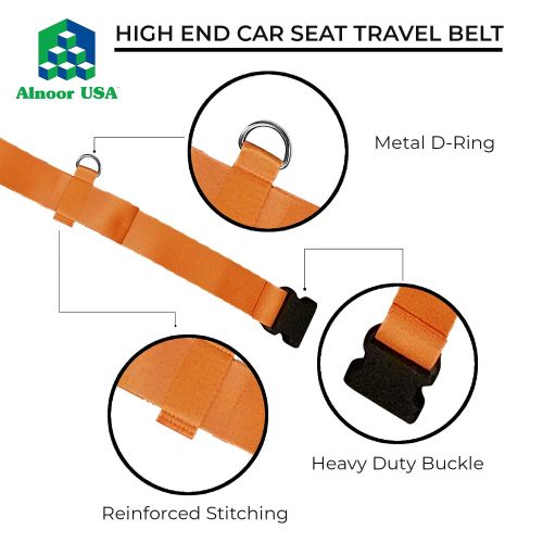  Alnoor USA Car Seat Travel Belt | Car Seat Travel Strap to Convert Your Car Seat and Carry-on Luggage into an Airport Car Seat Stroller & Carrier - Bright Orange and Heavy Duty - Includes Bon