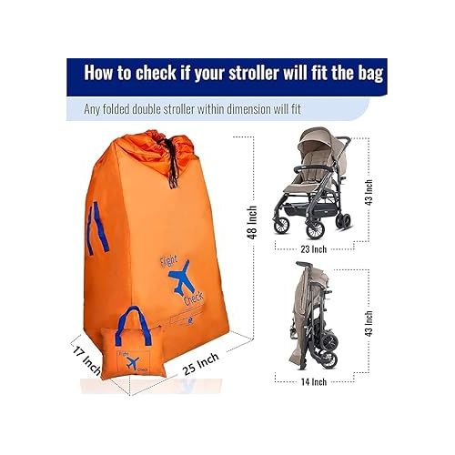  Alnoor USA Gate Check Bag for Single & Double Stroller Travel Bag for Air Plane | Extra Large & Ultra Durable - Includes Padded Shoulder Straps for Comfort & Durability With Pouch - Bonus E-Book
