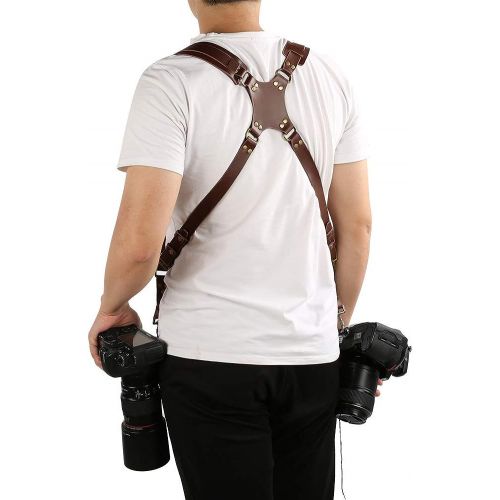  Alomejor Double Shoulder Camera Strap Adjustable Leather Rivet Camera Strap Dual Shoulder Leather Harness for Two-Cameras