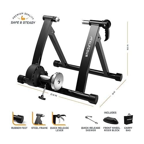  Alpcour Bike Trainer Stand for Indoor Riding - Portable Foldable Magnetic Stainless Steel Indoor Trainer, Noise Reduction, 6 Resistance Settings & Bag - Stationary Exercise for Road & Mountain Bikes