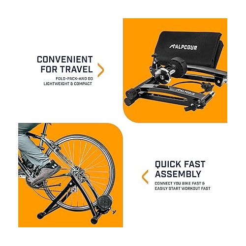  Alpcour Bike Trainer Stand for Indoor Riding - Portable Foldable Magnetic Stainless Steel Indoor Trainer, Noise Reduction, 6 Resistance Settings & Bag - Stationary Exercise for Road & Mountain Bikes