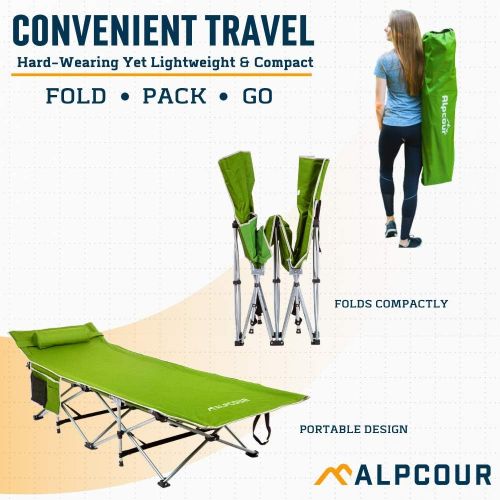  Alpcour Folding Camping Cot ? Deluxe Collapsible Single Person Bed in a Bag w/Pillow for Indoor & Outdoor Use ? Ultra Lightweight, Comfortable, Heavy Duty Design Holds Adults & Kid