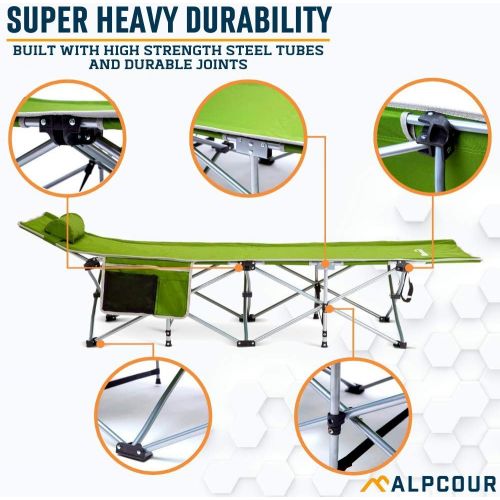  Alpcour Folding Camping Cot ? Deluxe Collapsible Single Person Bed in a Bag w/Pillow for Indoor & Outdoor Use ? Ultra Lightweight, Comfortable, Heavy Duty Design Holds Adults & Kid