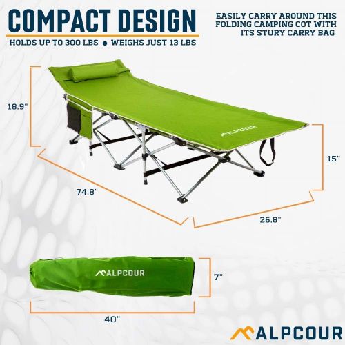  Alpcour Folding Camping Cot ? Deluxe Collapsible Single Person Bed in a Bag w/Pillow for Indoor & Outdoor Use ? Ultra Lightweight, Comfortable, Heavy Duty Design Holds Adults & Kid