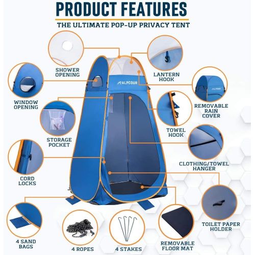  Alpcour Portable Pop Up Tent ? Privacy Tent for Portable Toilet, Shower and Changing Room for Camping and Outdoors ? Spacious, Extra Tall and Waterproof with Utility Accessories -