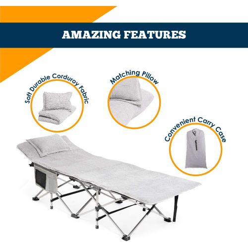  Alpcour Mattress Pad for Camping Cot ? Ultra Plush Corduroy Cot Topper w/ Matching Pillow & Storage Carry Case ? Easy Clean, Foldable, Compact Design for Outdoor Travel, Hiking & B