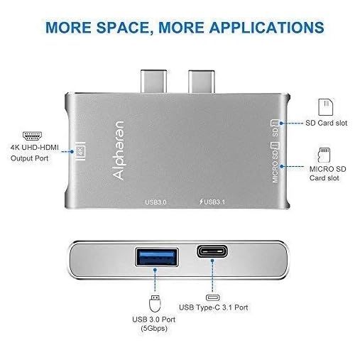  USB C Hub,Alpharan Multiport Type C Adapter for Apple 20162017 MacBook Pro 13” and 15”,MacBook Pro Dock with Type-C 3.1 Charging Port,4K HDMI,USB 3.0 Port,SD & Micro SD Card Reade