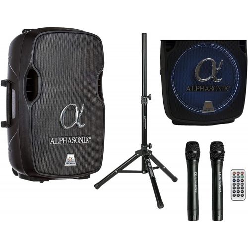  [아마존베스트]Alphasonik 15 Portable Rechargeable Battery Powered 1500W PRO DJ Amplified Loud Speaker with 2 Wireless Microphones Echo Bluetooth USB SD Card AUX MP3 FM Radio PA System LED Ring K