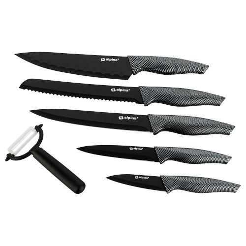  Alpina 6 teiliges Messer-Set Brot, Fleisch, Allzweck, Schaler und Santoku-Messer - Inklusive Sparschaler - Ideal fuer die Profikueche und auch semiprofessionelle Kueche