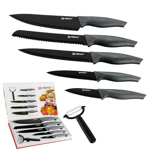  Alpina 6 teiliges Messer-Set Brot, Fleisch, Allzweck, Schaler und Santoku-Messer - Inklusive Sparschaler - Ideal fuer die Profikueche und auch semiprofessionelle Kueche