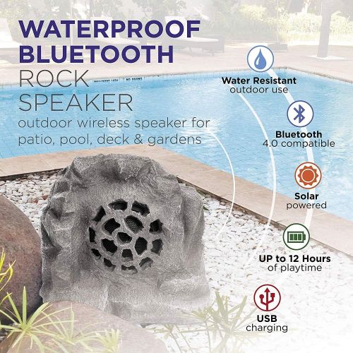  Alpine Corporations Revolutionary Solar & Bluetooth Outdoor Rock Speaker USB Charging Option Enabled Comes with 1 Year Warranty (Grey)