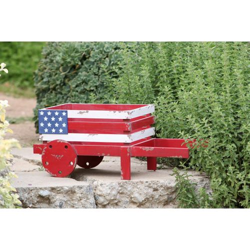  Alpine Corporation BKY100HH American Flag Wooden Wheel Barrel Planter, 9 Inch Tall, 9, Red, White & Blue