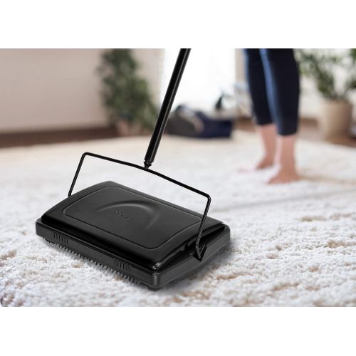  [아마존베스트]Alpine Industries Triple Brush Floor & Carpet Sweeper  Heavy Duty & Non Electric Multi-Surface Cleaner - Easy Manual Sweeping for Carpeted Floors (Black) (Black)