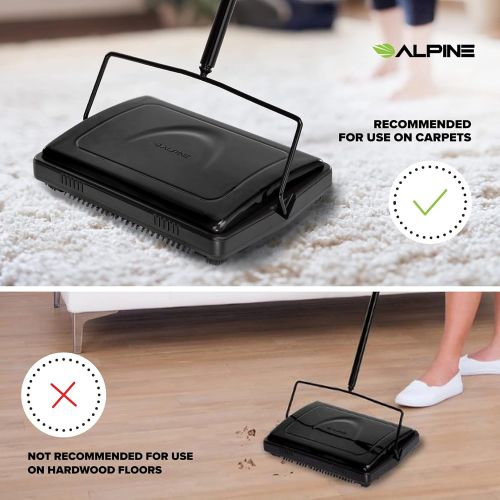  [아마존베스트]Alpine Industries Triple Brush Floor & Carpet Sweeper  Heavy Duty & Non Electric Multi-Surface Cleaner - Easy Manual Sweeping for Carpeted Floors (Black) (Black)