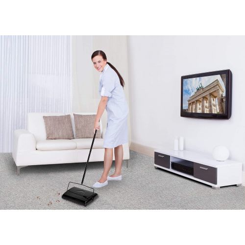  [아마존베스트]Alpine Industries Triple Brush Floor & Carpet Sweeper  Heavy Duty & Non Electric Multi-Surface Cleaner - Easy Manual Sweeping for Carpeted Floors (Black) (Black)